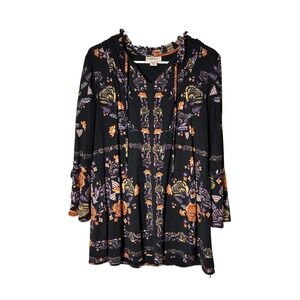 Style & Co Black Floral Print Ruffled Neck Long Sleeve Tunic Blouse Womens M